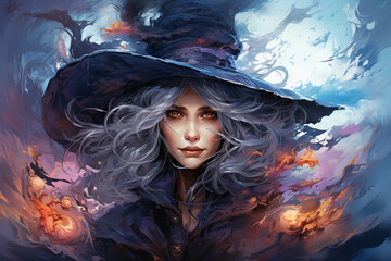 Wall Mural - A beautiful witch girl in a hat with a large brim. A sorceress, a magical character. The night of the witches or the eve of All Saints' Day. Halloween.