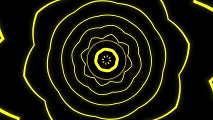 Fototapete - Bright lines of hypnotic floral pattern with circles. Design. Simple circles moving in flow of hypnotic pattern. Pulsating pattern with flower rings in stream on black background