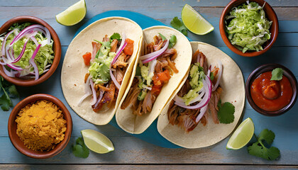 Wall Mural - Taco Trio Temptation: Overhead View of Mexican Pork Carnitas