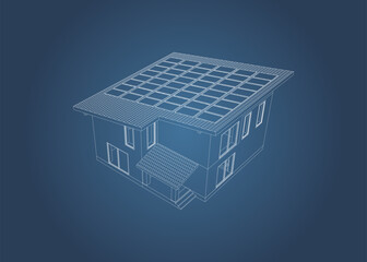 Wall Mural - Contemporary  suburban house  with roof solar panels. Isolated 3D vector. Blueprint.