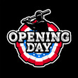 Opening day, baseball logo on a dark background.