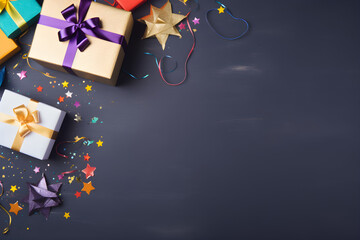birthday composition with presents and decorations, flat lay top view with copy space