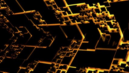 Poster - Moving space with cyber square pattern. Design. Neon pattern with squares in moving tunnel on black background. Square neon pattern with black tunnel