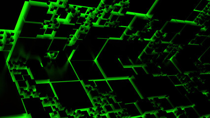 Poster - 3d neon background with geometric figures in neon light against a dark tunnel. Design. Digital corridor with glowing walls.