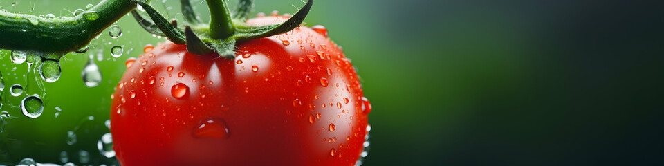 Micro close up of a fresh hanged tomato with water drops dew as wide banner with copy space area, broad header, vegetable grower, producer, generative ai