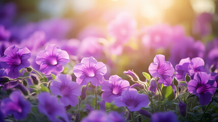 Wall Mural - Purple petunia flowers bed on beautiful blurred nature background, magical garden with copy space, web header, wide banner, generative ai