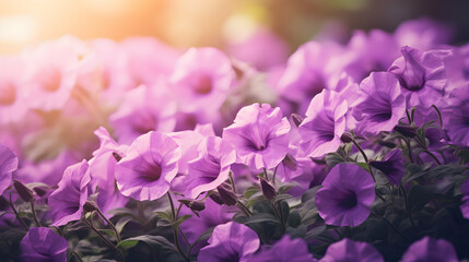 Wall Mural - Purple petunia flowers bed on beautiful blurred nature background, magical garden with copy space, web header, wide banner, generative ai