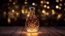 Christmas Lights In A Glass Bottle On A Dark Background