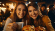 Selfie of close friends. Smiling girls with fast food. Ad banner. Menu recipe. Generative ai.