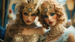 Two ladies dressed in luxurious epoch costumes to enjoy the Venetian carnival and masked ball. Elegance, mystery and style at the famous Venice carnival. Art Generative AI