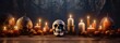 Skull and Candles on a Wood Tabletop in a Creepy Cemetery. Halloween Banner, Generative AI