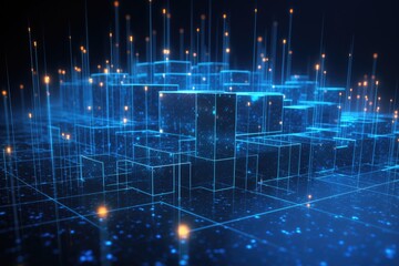 Fototapete - 3d rendering of abstract technology background. High tech digital data concept, Big data flow in cyber blockchain fields with a blue network system, AI Generated