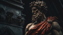 Strong Stoic Greek Or Roman Male Statue With A Semidark Background
