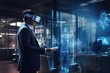 © Ifti Digital - Back view of young businessman in virtual reality headset holding tablet in hands, Businessman wearing VR and using AI technology hologram at work, captured from the rear view, AI Generated