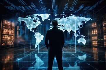 Poster - Rear view of businessman looking at digital world map on abstract background, Businessman working on a hologram displaying a global map, captured from the rear view, AI Generated