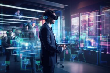 Poster - Businessman wearing virtual reality goggles against glowing x-ray image in office, Businessman wearing VR and using AI technology hologram at work, captured from the rear view, AI Generated