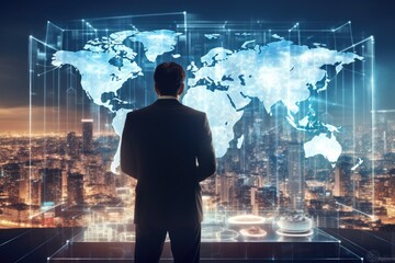 Poster - Rear view of young businessman looking at abstract digital world map on blurry city background. Technology concept. Double exposure, Businessman working on a hologram, AI Generated