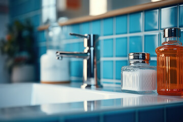 Bathroom sink, modern blue design. Close-up, selective focus on hygiene bottles