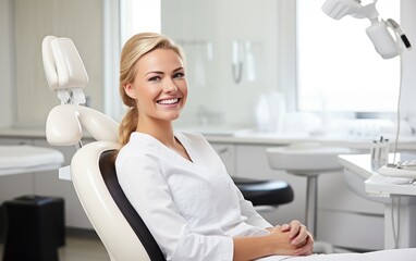 A funny girl with a big smile showing all his teeth is sitting in the dentist's chair