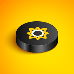 Wall Mural - Isometric line Sun icon isolated on yellow background. Black circle button. Vector