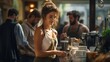 © Increasi - Busy coffee shop scene, barista making coffee, lively urban café