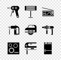 Canvas Print - Set Electric hot glue gun, heater, Radio, Gas stove, jigsaw and Refrigerator icon. Vector