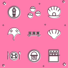 Sticker - Set Octopus on a plate, Takoyaki, Shell with pearl, Stingray, Sushi cutting board, Scallop sea shell, Served crab and Jellyfish icon. Vector