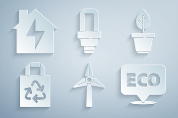 Poster - Set Wind turbine, Plant pot, Paper bag with recycle, Label for eco healthy food, LED light bulb and House and lightning icon. Vector