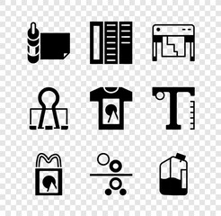 Sticker - Set Roll of paper, Brochure, Plotter, Paper shopping bag, roll printing press, Printer ink bottle, Binder clip and T-shirt icon. Vector