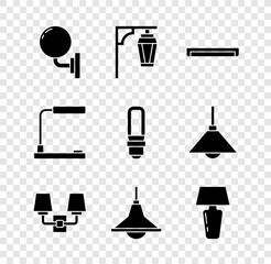 Sticker - Set Wall lamp or sconce, Vintage street light, Fluorescent, Chandelier, Table, and LED bulb icon. Vector