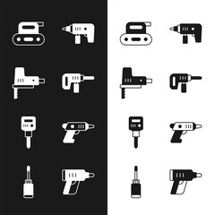 Poster - Set Electric drill machine, jigsaw, planer tool, Construction jackhammer, cordless screwdriver, and Screwdriver icon. Vector