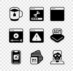 Poster - Set Cup of tea with tea bag, Loading data window, Browser, Mobile Apps, Processor, Hacker coder, Online play video and exclamation mark icon. Vector