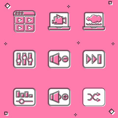 Sticker - Set Music playlist, Online video, Sound or audio recorder, mixer controller, Speaker mute, Fast forward, equalizer and volume icon. Vector