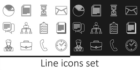 Sticker - Set line Clock, Document, Old hourglass, Referral marketing, Chat, Pie chart infographic, Clipboard with checklist and icon. Vector