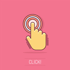Wall Mural - vector cartoon click hand icon in comic style. cursor finger sign illustration pictogram. pointer bu