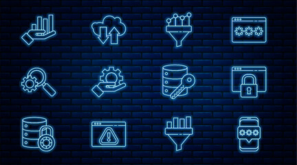 Poster - Set line Mobile and password, Secure your site with HTTPS, SSL, Sales funnel chart, Hand settings gear, Magnifying glass, Pie infographic, Server security key and Cloud download upload icon. Vector