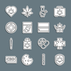 Wall Mural - Set line Shield and marijuana leaf, Medical or cannabis, Marijuana, Glass bong for smoking, Plastic bag of, Ashtray, heart and Rolling paper icon. Vector