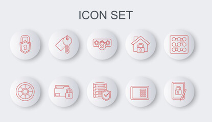 Fototapete - Set line Tablet with closed padlock, Safe, Password protection, Lock, Marked key, Folder and and Server shield icon. Vector