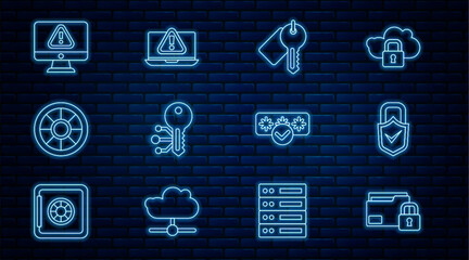 Poster - Set line Folder and lock, Lock check mark, Marked key, Cryptocurrency, Safe, Monitor with exclamation, Password protection and Laptop icon. Vector