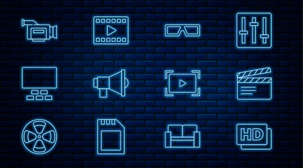 Wall Mural - Set line Hd movie, tape, frame, Movie clapper, 3D cinema glasses, Megaphone, Cinema auditorium with seats, camera, Online play video and Play Video icon. Vector