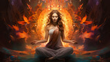 Fototapeta  - goddess woman meditating in a lotus pose surrounded light, on abstract background