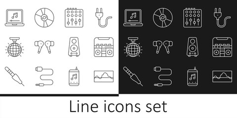Poster - set line music wave equalizer, home stereo with speakers, sound mixer controller, air headphones, di