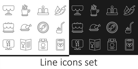 Canvas Print - Set line Restaurant cafe menu, Kitchen ladle, Salt and pepper, Roasted turkey or chicken, Cake, Wooden table, Served fish on plate and Coffee cup icon. Vector