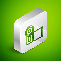 Wall Mural - Isometric line Cinema camera icon isolated on green background. Video camera. Movie sign. Film projector. Silver square button. Vector