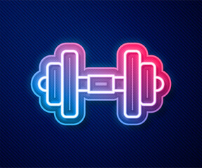 Wall Mural - Glowing neon line Dumbbell icon isolated on blue background. Muscle lifting, fitness barbell, sports equipment. Vector