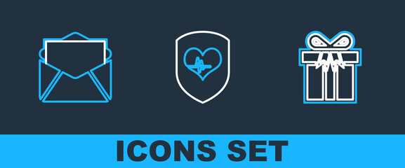 Poster - Set line Gift box, Mail and e-mail and Shield heart rate icon. Vector