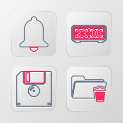 Poster - set line delete folder, floppy disk, retro flip clock and ringing bell icon. vector