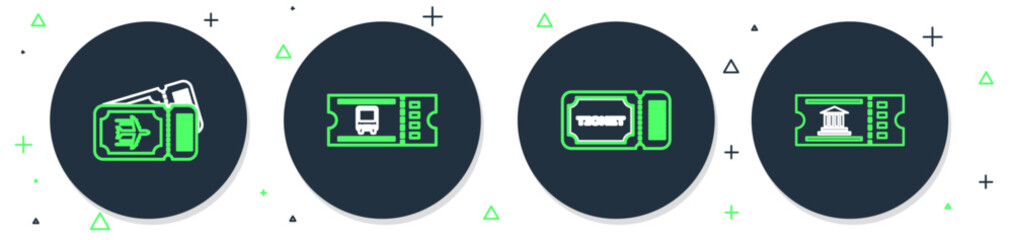 Sticker - Set line Bus ticket, Ticket, Airline and Museum icon. Vector