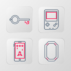 Poster - set line poker table, mobile and playing in game, portable video console and ancient key for icon. v