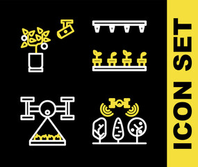 Poster - set line automatic irrigation sprinklers, smart farm with drone, and farming technology icon. vector